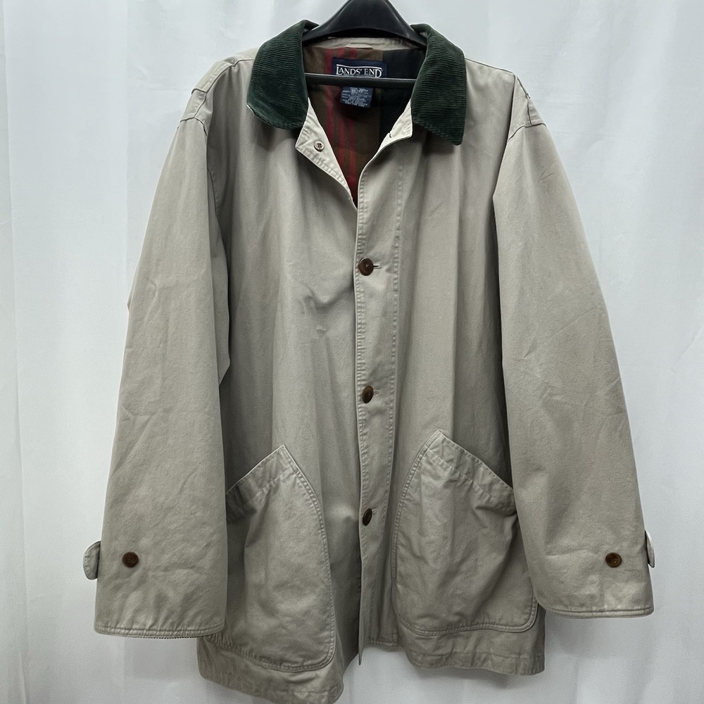 1980's L.L Bean Barn Chore Coat XxL TALL 50-52 Beige Plaid Corduroy‎ Trim Jacket